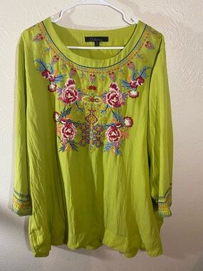 Calessa Lime Green Floral Embroidered Tunic Top